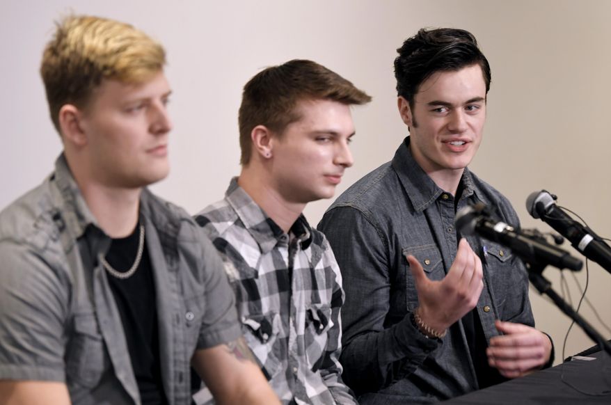 Carverton band members, from left, Michael Wiebel, Michael Curry and Christian Ferguson, talk about fellow member Kyle Yorlets during a press conference about the killing of fellow member Kyle Yorlets at Belmont University in Nashville on Monday, Feb. 11, 2019. Yorlets, the frontman for the rock band Carverton was gunned down during a robbery Thursday, Feb. 7. Police have charged five juveniles in the case. A memorial service was scheduled to follow. (Shelley Mays/The Tennessean via AP)