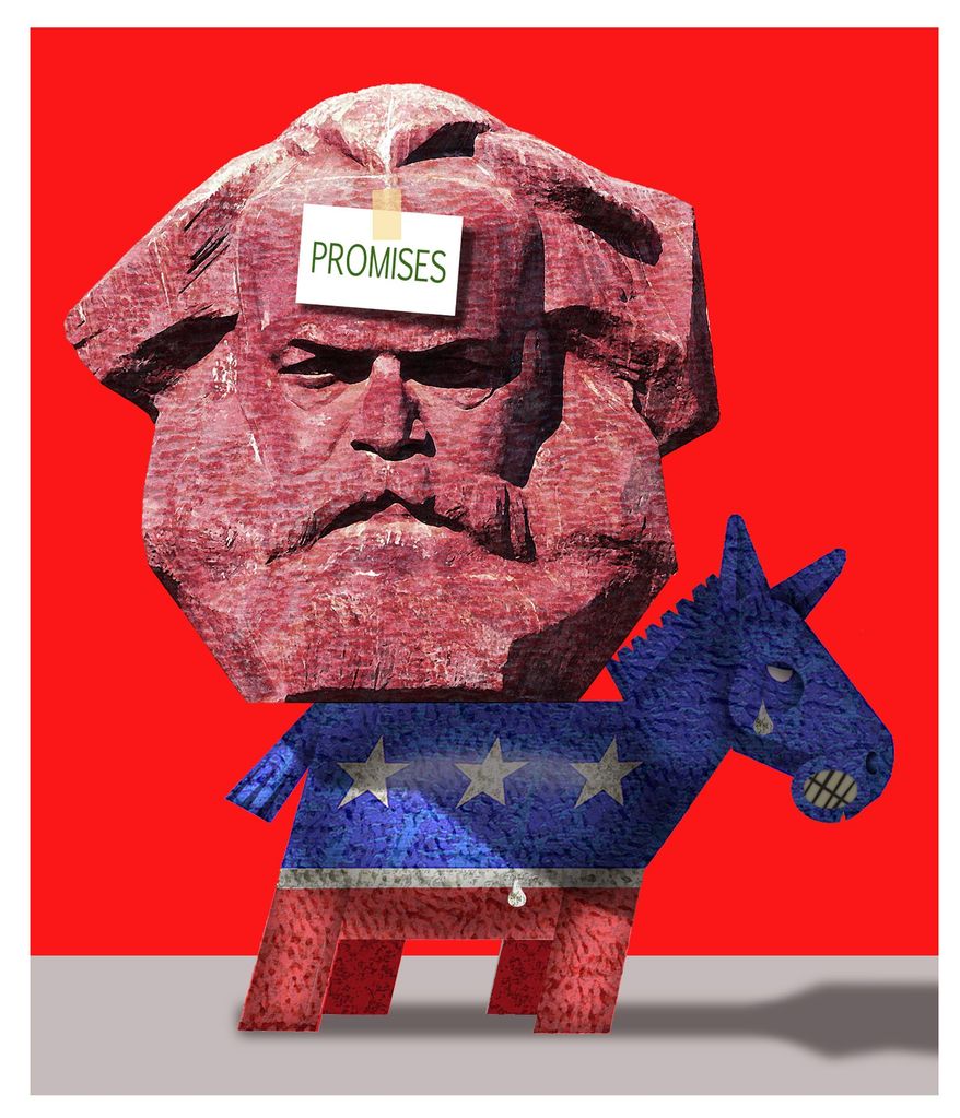 Illustration on the problematic promises of Democrat candidates by Alexander Hunter/The Washington Times