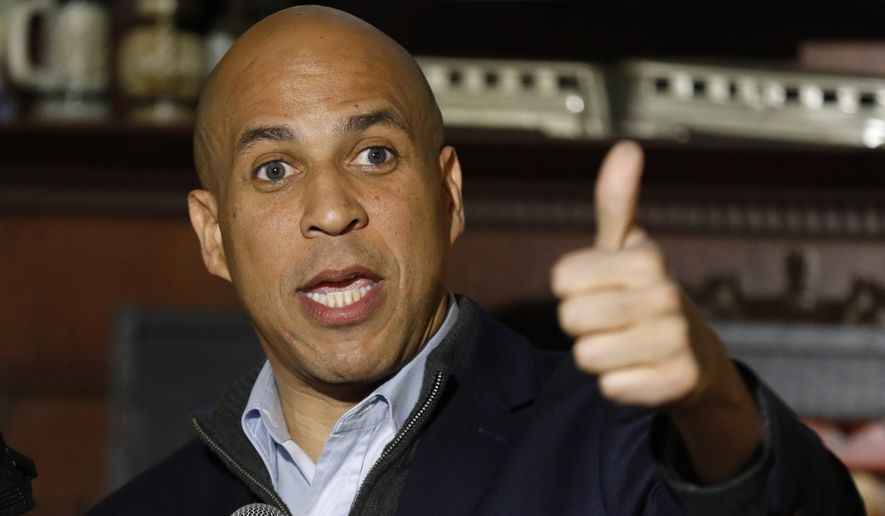 U.S. Sen. Cory Booker, D-N.J., speaks during a meet and greet with local residents, Saturday, Feb. 9, 2019, in Marshalltown, Iowa. (AP Photo/Charlie Neibergall)