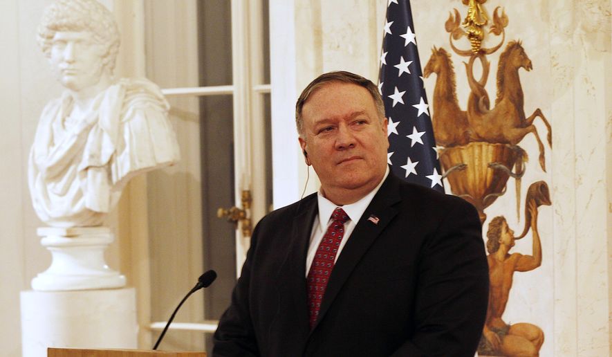 U.S. Secretary of State Mike Pompeo at a news conference with Polish Foreign Affairs Minister at Lazienki Palace, during his visit to Warsaw, Poland, Tuesday, Feb. 12, 2019. (AP Photo/Czarek Sokolowski)