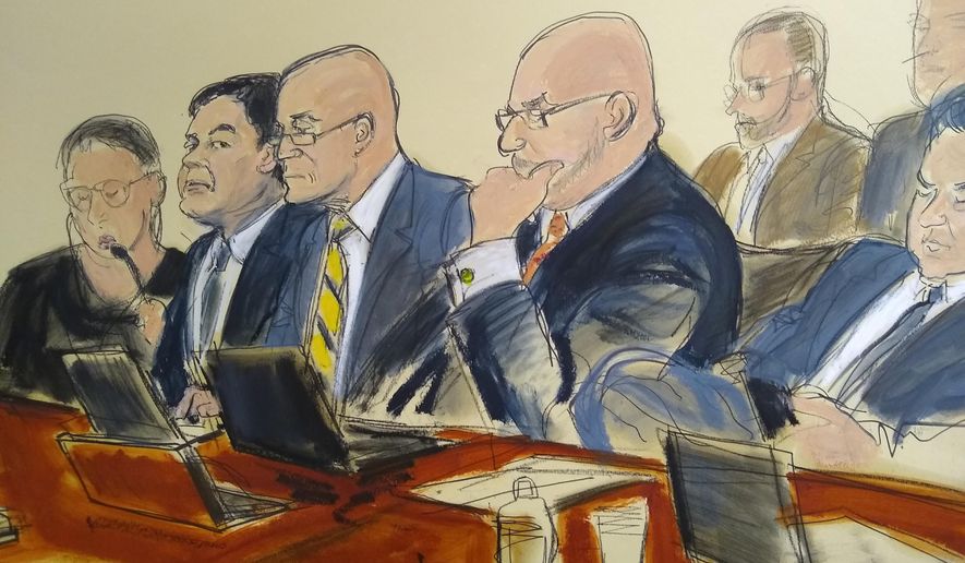 In this courtroom drawing, Joaquin "El Chapo" Guzman, second from left, seated with his defense attorneys, listens to testimony that was read back to the jury, Monday, Feb. 11, 2019, in New York. On its fifth day of deliberations, the jury asked to review law enforcement testimony about seizures of Colombian cocaine being shipped to the Sinaloa cartel to fuel a smuggling empire prosecutors say was under Guzman's command. (Elizabeth Williams via AP)
