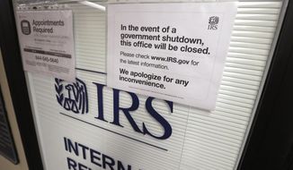 FILE- In this Jan. 16, 2019, file photo doors at the Internal Revenue Service (IRS) in the Henry M. Jackson Federal Building are locked and covered with blinds as a sign posted advises that the office will be closed during the partial government shutdown in Seattle. Disruptions from last month’s partial government shutdown caused a “shocking” deterioration in the IRS’ telephone help for taxpayers in the first week of the filing season, the agency’s watchdog said in a report released Tuesday, Feb. 12. (AP Photo/Elaine Thompson, File)