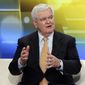 In this May 24, 2018, file photo, former Speaker of the House Newt Gingrich is interviewed on the &quot;Fox &amp; Friends&quot; television program, in New York. (AP Photo/Richard Drew, File)
