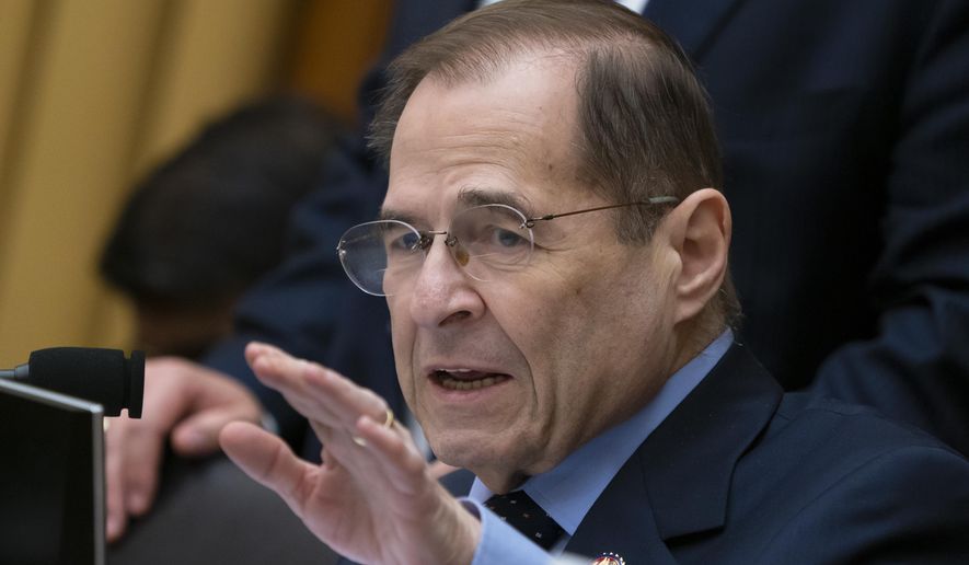 In this Feb. 8, 2019, photo, House Judiciary Committee Chairman Jerrold Nadler, D-N.Y., gestures during questioning of acting Attorney General Matthew Whitaker on Capitol Hill in Washington. A key House committee has approved a bill to require background checks for all sales and transfers of firearms, a first by majority Democrats to tighten gun laws after eight years of Republican rule. (AP Photo/J. Scott Applewhite)