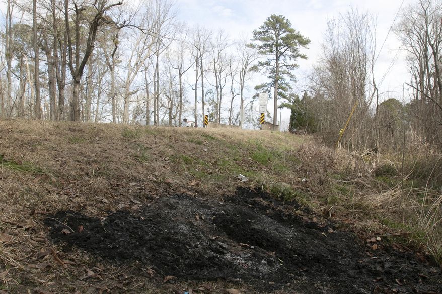 In this February 12, 2019 photo, a burned patch of grass and weeds along Beaman Road show where a body was dumped and burned sometime late Monday night, Feb. 11, a few miles west of New Bern, N.C. The Forsyth County Sheriff's Office tells news outlets it's charged 23-year-old Norris Dwayne Rochelle Jr. with murder in the death of his 40-year-old roommate, Nicholas Williams. (Bill Hand/Sun Journal via AP)