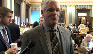 Senate Majority Leader Mike Shirkey, R-Clarklake, speaks with reporters following the Senate session on Wednesday, Feb. 13, 2019, in Lansing, Mich. Shirkey says &amp;quot;new revenue&amp;quot; is needed to improve Michigan&#39;s roads. (AP Photo/David Eggert)
