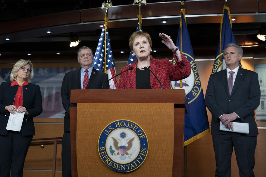 Rep. Kay Granger, R-Texas, the top Republican on the House Appropriations Committee, center, is joined by, from left, House Republican Conference chair Rep. Liz Cheney, R-Wyo., Rep. Tom Cole, R-Okla., and House Minority Leader Kevin McCarthy of Calif., as she talks about the bipartisan border security compromise needed to avert another government shutdown, at the Capitol in Washington, Wednesday, Feb. 13, 2019. Granger was a member of the committee that worked out the compromise. (AP Photo/J. Scott Applewhite)