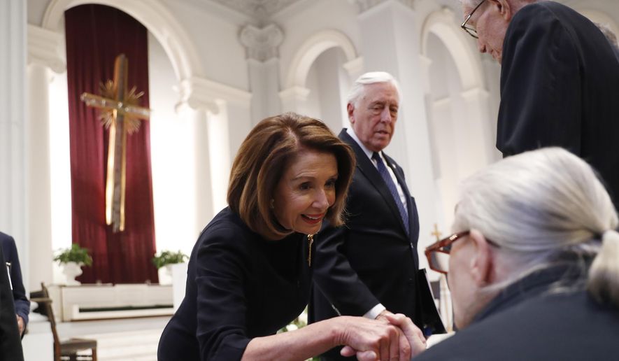 In this file photo, House Speaker Nancy Pelosi and Rep. Steny Hoyer, D-Md., greet family members before a funeral service for former Rep. John Dingell, Thursday, Feb. 14, 2019, at Holy Trinity Catholic Church in Washington. Mrs. Pelosi has been barred from Holy Communion, San Francisco Archbishop Salvatore Cordileone announced on Friday, May 20, citing her support for abortion. (AP Photo/Pablo Martinez Monsivais, Pool)  **FILE**