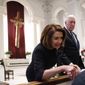 In this file photo, House Speaker Nancy Pelosi and Rep. Steny Hoyer, D-Md., greet family members before a funeral service for former Rep. John Dingell, Thursday, Feb. 14, 2019, at Holy Trinity Catholic Church in Washington. (AP Photo/Pablo Martinez Monsivais, Pool)  **FILE**