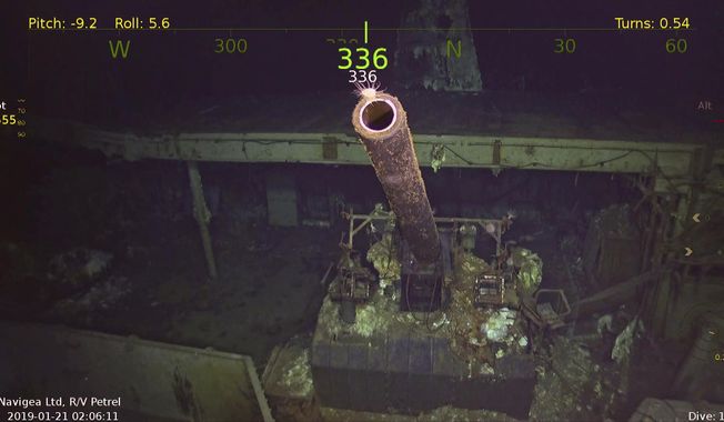 This photo provided by Paul G. Allen’s Vulcan Inc. shows a five inch gun at the wreckage of the USS Hornet.  A research vessel funded by the late Seattle billionaire Paul Allen has discovered the wreckage of the aircraft carrier sunk in the South Pacific during World War II. Allen&#x27;s Vulcan Inc. announced this week of Feb. 10, 2019,  that an autonomous submarine sent by the crew of the research vessel Petrel found the USS Hornet nearly 17,500 feet (5,400 meters) deep near the Solomon Islands. The Hornet was best known for its part in the Doolittle Raid in April 1942, the first air attack on Japan.  (Paul G. Allen’s Vulcan Inc. via AP)