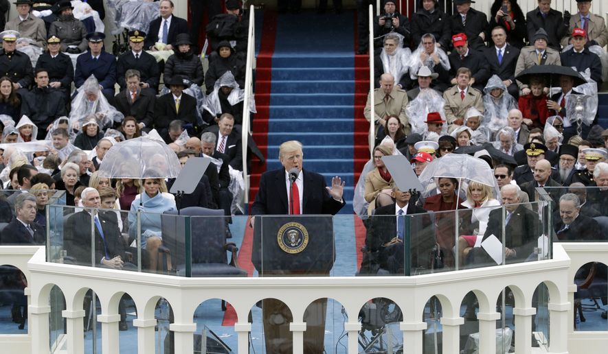 In this Jan. 20, 2017, file photo, President Donald Trump delivers his inaugural address after being sworn in as the 45th president of the United States during the 58th Presidential Inauguration at the U.S. Capitol in Washington. State authorities in New Jersey have subpoenaed a host of financial records from the committee that organized President Donald Trump's inauguration, Friday, Feb. 15, 2019. (AP Photo/Patrick Semansky, File)