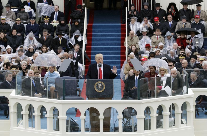 In this Jan. 20, 2017, file photo, President Donald Trump delivers his inaugural address after being sworn in as the 45th president of the United States during the 58th Presidential Inauguration at the U.S. Capitol in Washington. State authorities in New Jersey have subpoenaed a host of financial records from the committee that organized President Donald Trump's inauguration, Friday, Feb. 15, 2019. (AP Photo/Patrick Semansky, File)