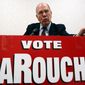 In this May 14, 2004, file photo, Democratic presidential hopeful Lyndon LaRouche Jr. campaigns in Montgomery, Ala. Fitting for a man who saw so much darkness in the world, LaRouche died on the fringes Tuesday, Feb. 12, 2019, his name little known to anyone under 50, his death rumored online a day before mainstream outlets confirmed it. His influence, however, will surely outlast him. (AP Photo/Dave Martin, File)
