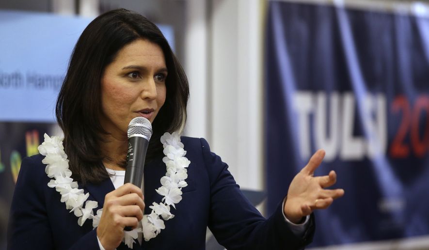 Presidential hopeful U.S. Rep. Tulsi Gabbard, D-Hawaii, addresses an audience during a meet-and-greet, Sunday, Feb. 17, 2019, in New Hampshire. (AP Photo/Steven Senne) ** FILE **