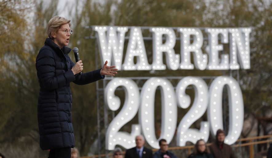 Presidential candidate Sen. Elizabeth Warren, D-Mass., speaks at an organizing event Sunday, Feb. 17, 2019, in Las Vegas. (AP Photo/John Locher)