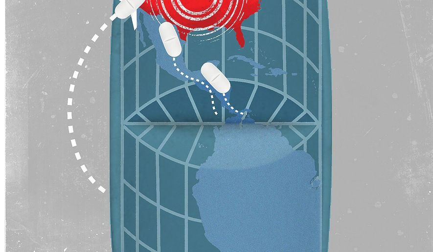 Illustration on the opiode crisis in America by Linas Garsys/The Washington Times