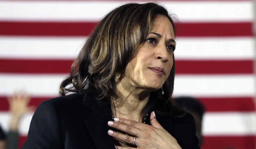 Democratic presidential candidate Sen. Kamala Harris, D-Calif., listens to a question at a campaign event in Portsmouth, N.H. (AP Photo/Elise Amendola)