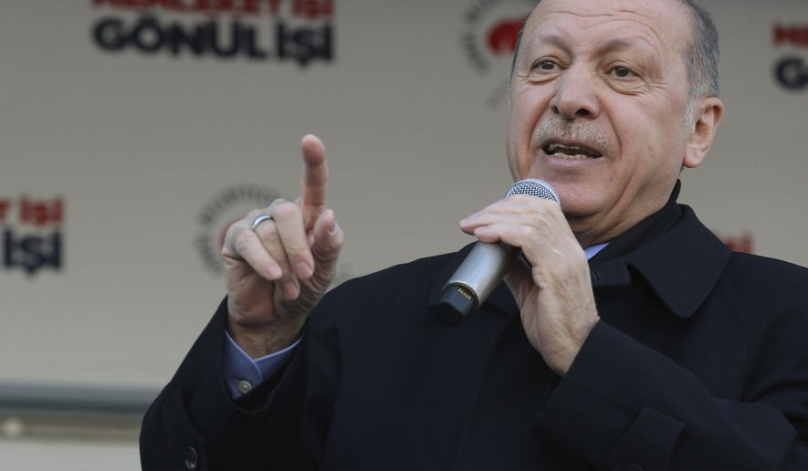 Turkey&#x27;s President Recep Tayyip Erdogan speaks during an election rally of his ruling Justice and Development Party, in Burdur, Turkey, Monday, Feb. 18, 2019. The countrywide local elections scheduled for March 31, 2019 with 57 millions registered voters.(Presidential Press Service via AP, Pool)