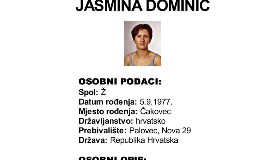 This screenshot provided by the Croatian Interior Ministry on Monday, Feb. 18, 2019 shows a missing persons information sheet Jasmina Dominic who was reported missing in 2005 but was last seen in 2000. Croatian police say they have detained one person after a body was found in a freezer apparently of a woman that went missing 18 years ago. Police in northern Croatia said Monday they have detained the sister of Jasmina Dominic. (Croatian Interior Ministry via AP)