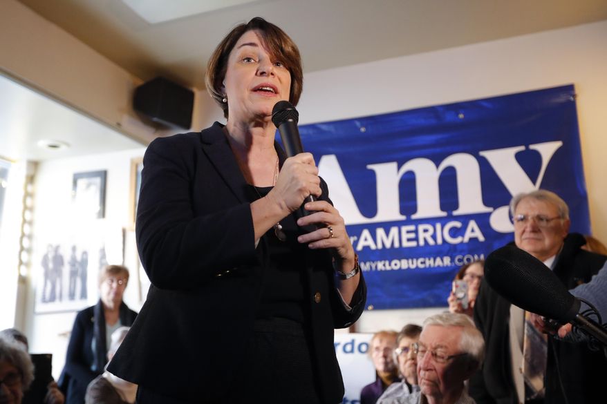 U.S. Sen. Amy Klobuchar, D-Minn., speaks during a meet and greet with local residents, Saturday, Feb. 16, 2019, in Mason City, Iowa. Five Democratic senators, including Klobuchar, vying for their party's nomination to challenge President Donald Trump in 2020 fanned out across the country Saturday to campaign and meet voters. (AP Photo/Charlie Neibergall)