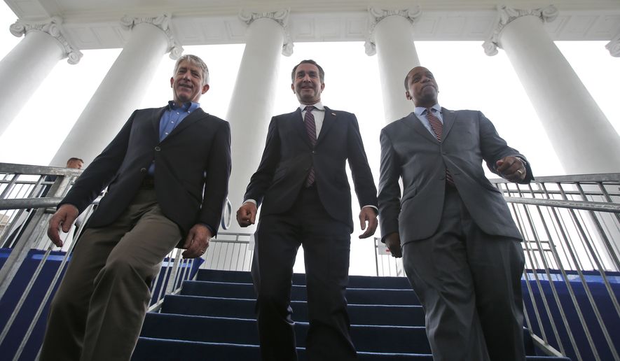 In this Jan. 12, 2018, file photo, Virginia Gov.-elect, Lt. Gov Ralph Northam, center, walks down the reviewing stand with Lt. Gov-elect, Justin Fairfax, right, and Attorney General Mark Herring at the Capitol in Richmond, Va.  The political crisis in Virginia exploded Wednesday, Feb. 6, 2019,  when the state&#x27;s attorney general confessed to putting on blackface in the 1980s and a woman went public with detailed allegations of sexual assault against the lieutenant governor. With Northam&#x27;s career already hanging by a thread over a racist photo, the day&#x27;s developments threatened to take down all three of Virginia&#x27;s top elected officials.  (AP Photo/Steve Helber, File)