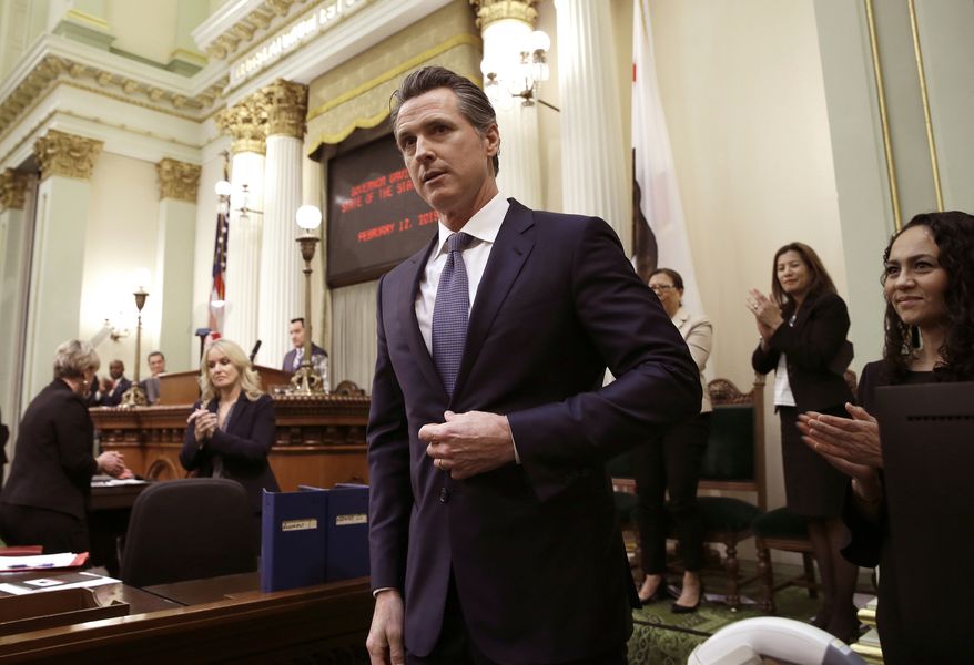 In this Feb. 12, 2019, file photo, Calif., Gov. Gavin Newsom receives applause after delivering his first State of the State address to a joint session of the legislature at the Capitol in Sacramento, Calif. Newsom declared in his first State of the State address last week that he planned to scale back California&#39;s high-speed rail project and focus immediately on building 171 miles of track in central California. The Trump administration said Tuesday, Feb. 19, that it plans to cancel $929 million awarded to California&#39;s high-speed rail project and wants the state to return an additional $2.5 billion that it has already spent. (AP Photo/Rich Pedroncelli, File)