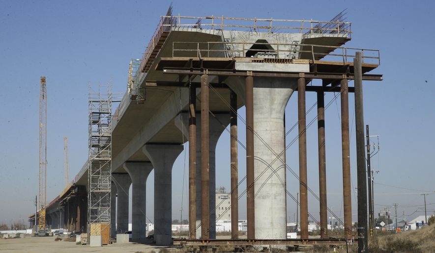 FILE - This Dec. 6, 2017, file photo shows one of the elevated sections of the high-speed rail under construction in Fresno, Calif. During his first State of the State speech last week, Gov. Gavin Newsom said that he is committed to finishing the Central Valley portion of the bullet train. (AP Photo/Rich Pedroncelli, file)