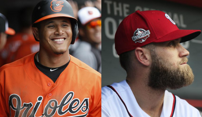 This combination of file photos shows Manny Machado, left, and Bryce Harper. A former Baltimore Orioles infielder, Machado reportedly agreed to terms with the San Diego Padres on a 10-year, $300 million contract on Tuesday, Feb. 19, 2019. Bryce Harper, formerly of the Washington Nationals, still had yet to sign with a new team when Machado&#39;s details were reported. (AP Photos/John Minchillo and Manuel Balce Ceneta) ** FILE **