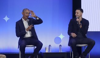 Former President Barack Obama, left, gestures as Golden State Warriors basketball player Stephen Curry laughs while speaking at the My Brother&#39;s Keeper Alliance Summit in Oakland, Calif., Tuesday, Feb. 19, 2019. (AP Photo/Jeff Chiu) ** FILE **