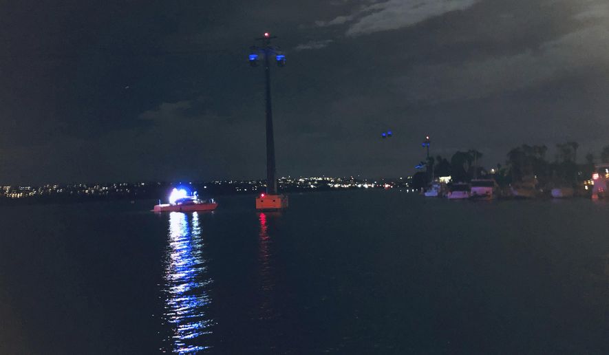 In this photo provided by Kasia Gregorczyk, more than a dozen people are trapped on a ride at SeaWorld Monday, Feb. 18, 2019, in San Diego. San Diego police tell FOX5 News that around six gondolas stopped functioning Monday night after a big gust of wind tripped a circuit breaker on "Bayside Skyride." (Kasia Gregorczyk via AP)
