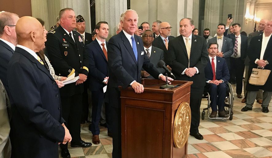 South Carolina Gov. Henry McMaster speaks at a news conference in Columbia, S.C., Tuesday, Feb. 19, 2019, in support of legislation that will elevate the state Division of Veterans Affairs into a cabinet level position. The bipartisan supported legislation garnered support from military personnel including the current director of the agency. (AP Photo/Christina Myers)