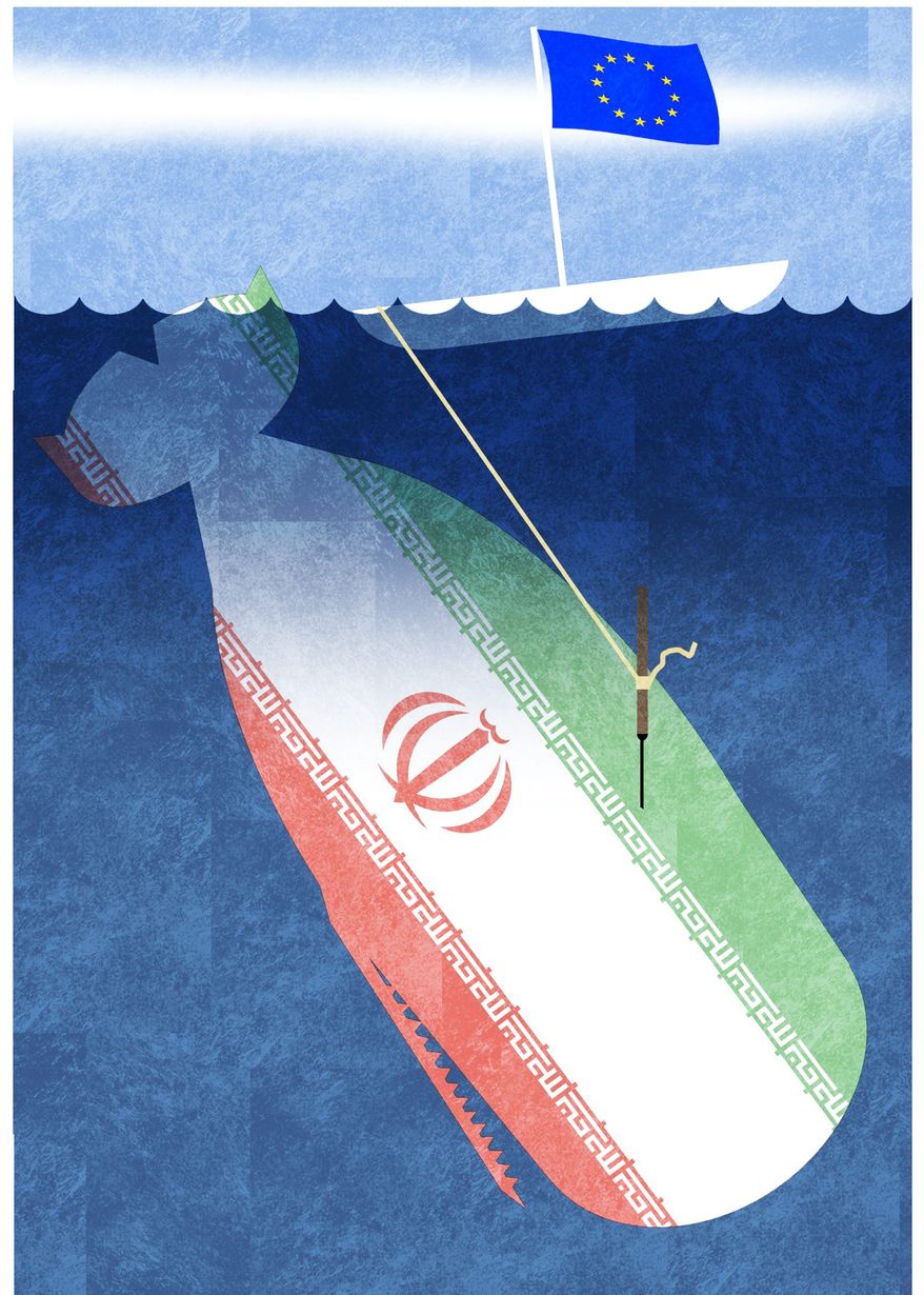 Illustration on the European Union&#x27;s continuing connection to the Iran agreement by Alexander Hunter/The Washington Times