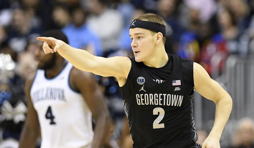 Georgetown guard Mac McClung (2) gestures after he scored a basket during the first half of an NCAA college basketball game against Villanova, Wednesday, Feb. 20, 2019, in Washington. (AP Photo/Nick Wass) ** FILE **