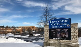 This Jan. 20, 2019 file photo shows the grounds of Covington Catholic High School in Park Hills, Ky. Nicholas Sandmann,  the Covington Catholic High School teen at the heart of an encounter last month with a Native American activist, is suing The Washington Post for $250 million. On March 1, 2019, the Post issued an editor&#39;s note to clarify its initial erroneous reporting, but stopped short of issuing an apology. (AP Photo/Lisa Cornwell, File) **FILE**