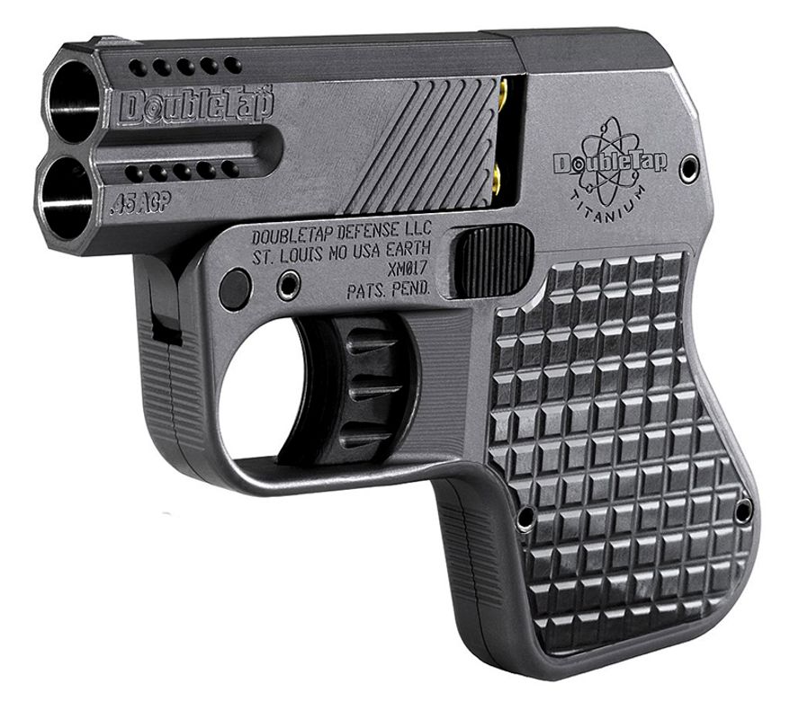 DOUBLETAP Firearms has developed the world's smallest and lightest .45 ACP concealed carry pistol on the market today. 2 Spare rounds in the grip on a speed loader for a tactical reload. Aluminium Frame with a MIL-STD finish that resists corrosion, 17-4 PH stainless steel barrels with M16 style push-pin to quick change barrels. Optional Ported barrels reduces muzzle flip and recoil. Small, slim, no-snag hammerless design for easy pocket carry. Ambidextrous thumb latch to eject spent rounds