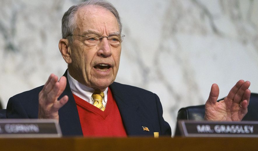 In this Jan. 15, 2019, file photo, Senate Judiciary Committee committee member Sen. Chuck Grassley, R-Iowa, asks questions during a Senate Judiciary Committee on Capitol Hill in Washington. (AP Photo/Carolyn Kaster) ** FILE **