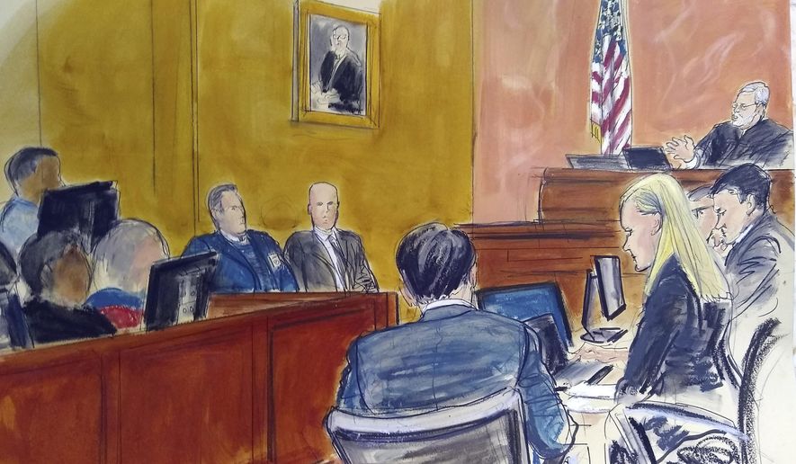 FILE - In this Monday Feb. 4, 2019 courtroom sketch, Judge Brian Cogan upper right, gives instructions to jurors in the trial of Joaquin &amp;quot;El Chapo&amp;quot; Guzman in New York. Guzman&#39;s defense attorney told The Associated Press on Thursday, Feb. 21, 2019, that he plans to ask a federal judge to ask jurors about a VICE News report this week that said several jurors followed media accounts of the three month-long trial. Jurors are instructed by the judge not to read or listen to media reports of the trial. (Elizabeth Williams via AP, File)