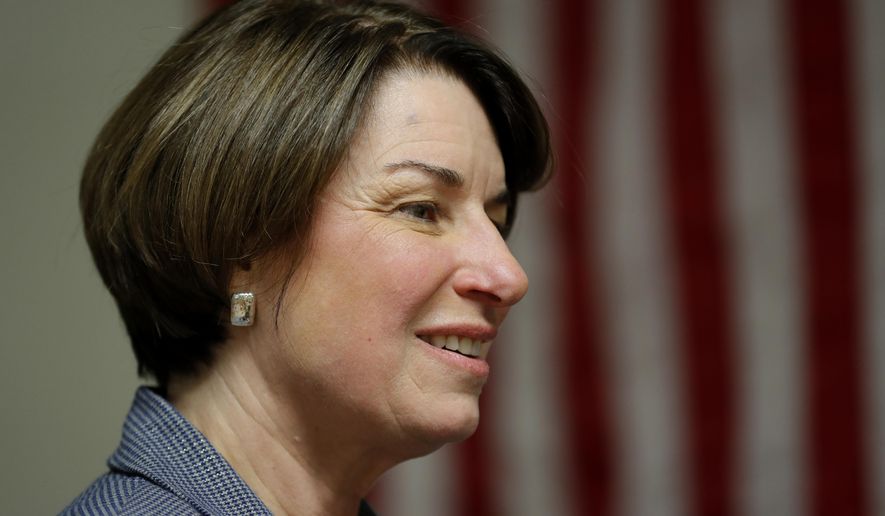 2020 Democratic presidential candidate Sen. Amy Klobuchar speaks at the Ankeny Area Democrats' Winter Banquet, Thursday, Feb. 21, 2019, in Des Moines, Iowa. (AP Photo/Charlie Neibergall)