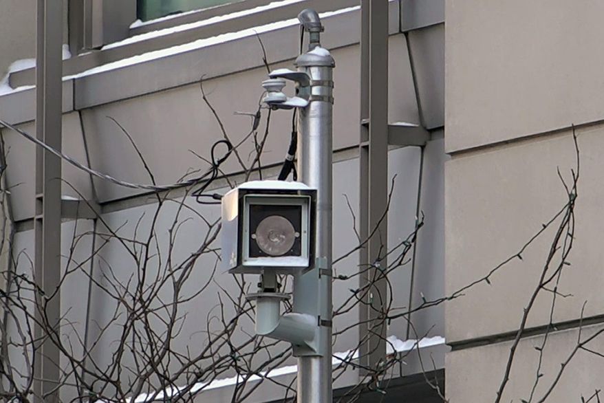 In this Feb. 1, 2019 photo, a surveillance camera is seen near the spot where "Empire" actor Jussie Smollett allegedly staged the attack in Chicago. Chicago police tapped into a vast network of surveillance cameras _ and some homeowners' doorbell cameras _ to help determine the identities of two brothers who later claimed they were paid by "Empire" actor Jussie Smollett to stage a racist and homophobic attack. (AP Photo/Teresa Crawford)