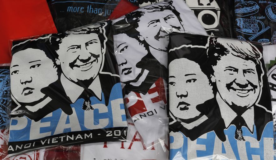  T-shirts with portraits of President Trump and North Korean leader Kim Jong-un are displayed in a tourist area in Hanoi, Vietnam. The two leaders will hold their second summit this week. (Associated Press)