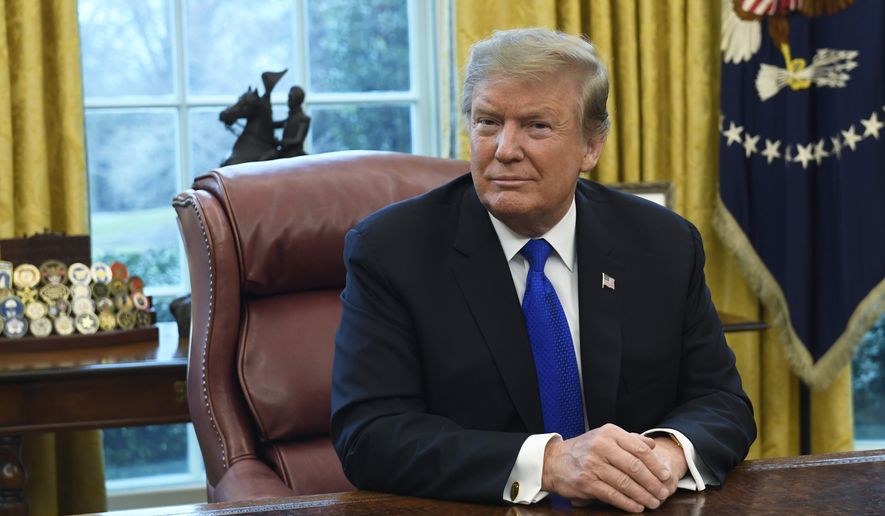 In this Friday, Feb. 22, 2019, file photo, President Donald Trump listens during his meeting with Chinese Vice Premier Liu He in the Oval Office of the White House in Washington. (AP Photo/Susan Walsh, File)