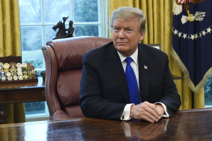 In this Friday, Feb. 22, 2019, file photo, President Donald Trump listens during his meeting with Chinese Vice Premier Liu He in the Oval Office of the White House in Washington. (AP Photo/Susan Walsh, File)