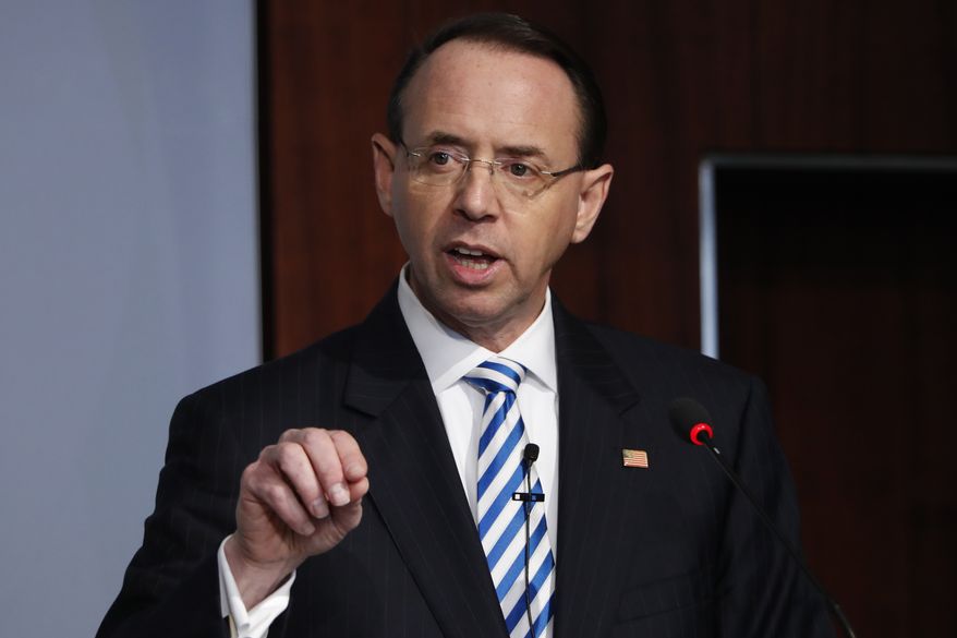 Deputy Attorney General Rod Rosenstein speaks at a Center for Strategic and International Studies (CSIS) event on the rule of law, Monday, Feb. 25, 2019, in Washington. (AP Photo/Jacquelyn Martin)