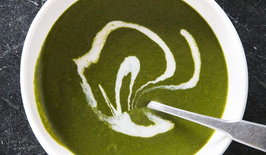 This undated photo provided by America's Test Kitchen in February 2019 shows Super Greens Soup in Brookline, Mass. This recipe appears in the cookbook “Nutritious Delicious.” (Joe Keller/America's Test Kitchen via AP)