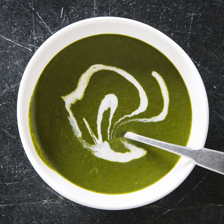 This undated photo provided by America's Test Kitchen in February 2019 shows Super Greens Soup in Brookline, Mass. This recipe appears in the cookbook “Nutritious Delicious.” (Joe Keller/America's Test Kitchen via AP)