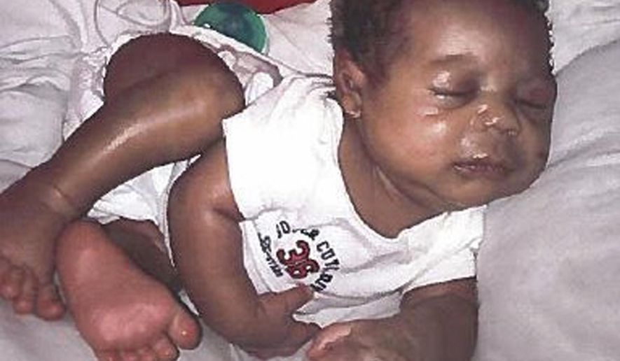 This undated photo provided by Culver City Police Department shows missing six month old Jacsun Manson. Authorities are searching a Southern California landfill for the body Jacsun Manson and have issued arrest warrants for the boy's parents. Culver City police said Monday, Feb. 25, 2019, that investigators believe Adam Manson and Kianna Williams are responsible for the death and disappearance of their 6-month-old son. Investigators believe after Jacsun Manson's death, the couple discarded his body in a dumpster near Crenshaw Mall in Los Angeles. (Culver City Police Department via AP)
