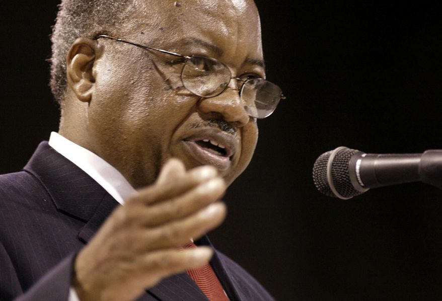 FILE - In a June 13, 2003 file photo, U.S. Rep. Frank Ballance, D-N.C., addresses the 57th annual meeting of the Flue-Cured Tobacco Cooperative Stabilization Corporation, in Raleigh, N.C. Family spokesman Carlton Pressley confirmed on Monday, February 25, 2019 that Ballance died Friday Feb. 22 at WakeMed in Raleigh, saying he didn’t survive after undergoing a procedure there. He was 77. (AP Photo/Bob Jordan, File)