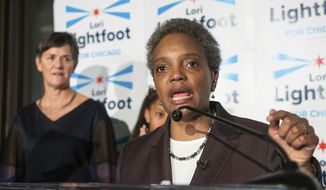 Chicago Mayoral candidate Lori Lightfoot addresses the crowd at her election night party as she leads in the polls, Tuesday, Feb. 26, 2019, in Chicago. Lightfoot, a federal prosecutor running as an outsider, advanced Tuesday to a runoff for Chicago mayor, a transitional election for a lakefront metropolis still struggling to shed its reputation for corruption, police brutality and street violence. (Tyler LaRiviere/Chicago Sun-Times via AP)