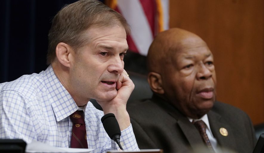 Rep. Jim Jordan of Ohio, the House Oversight and Reform Committee ranking Republican, left, and Chairman Elijah Cummings, D-Md., right, during a committee hearing on Capitol Hill in Washington, Tuesday, Feb. 26, 2019. The committee voted to subpoena Trump administration officials over family separations at the southern border, the first issued in the new Congress as Democrats have promised to hold the administration aggressively to count.  The decision by the Oversight Committee will compel the heads of Justice, Homeland Security and Health and Human Services to deliver documents. (AP Photo/J. Scott Applewhite)