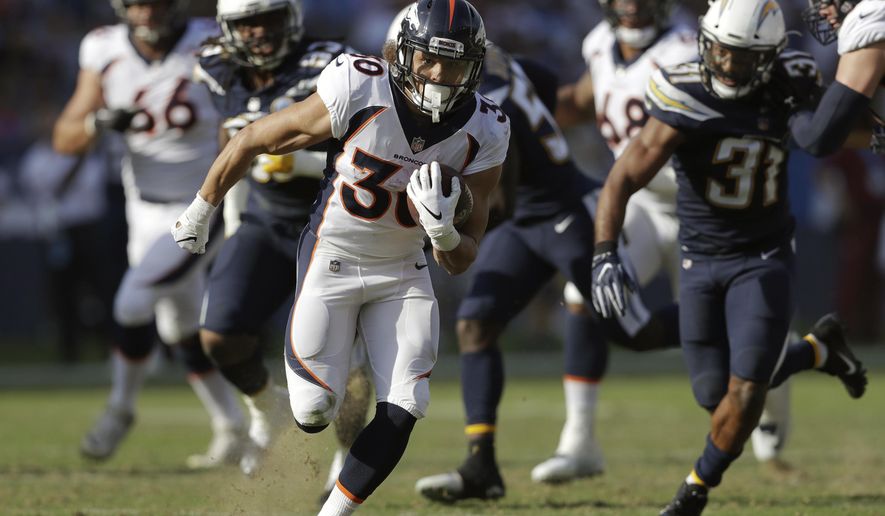 FILE - In this Nov. 18, 2018, file photo, Denver Broncos running back Phillip Lindsay runs for a touchdown during the first half of an NFL football game against the Los Angeles Chargers, in Carson, Calif. More than 330 of college football's finest players are gathering in Indianapolis this week for the NFL's annual combine. Not all of the players who will get drafted in April are on the invite list, however. The biggest snub last year was Colorado running back Phillip Lindsay, the first undrafted offensive player ever selected to the Pro Bowl. (AP Photo/Marcio Jose Sanchez) ** FILE **